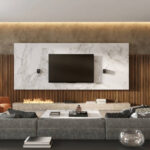 Large living room interior with TV television screen on the wall. Blank for copy space. render